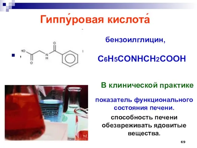 Гиппу́ровая кислота́ , В клинической практике бензоилглицин, C6H5CONHCH2COOH показатель функционального состояния