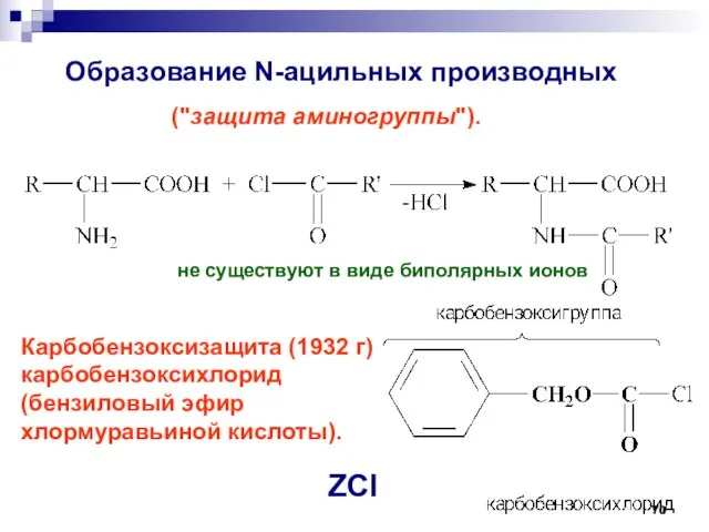 Образование N-ацильных производных Карбобензоксизащита (1932 г) карбобензоксихлорид (бензиловый эфир хлормуравьиной кислоты).