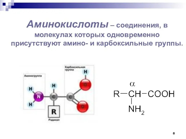 Аминокислоты – соединения, в молекулах которых одновременно присутствуют амино- и карбоксильные группы.