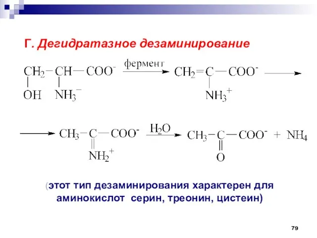 Г. Дегидратазное дезаминирование (этот тип дезаминирования характерен для аминокислот серин, треонин, цистеин)