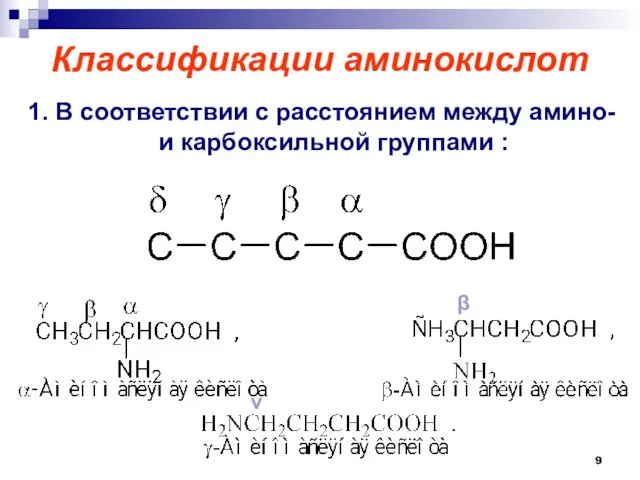 Классификации аминокислот 1. В соответствии с расстоянием между амино- и карбоксильной группами : β ν