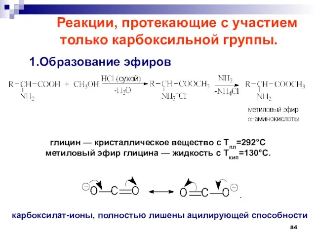 1.Образование эфиров глицин — кристаллическое вещество с Тпл=292°С метиловый эфир глицина