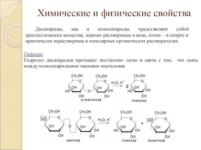 Химические и физические свойства Гидролиз Гидролиз дисахаридов протекает достаточно легко в