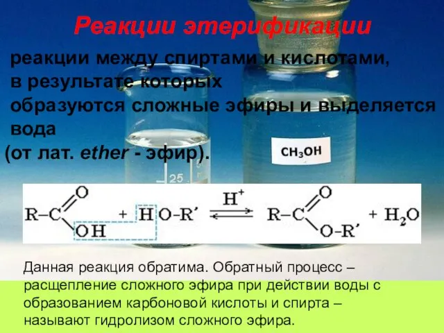 Реакции этерификации реакции между спиртами и кислотами, в результате которых образуются