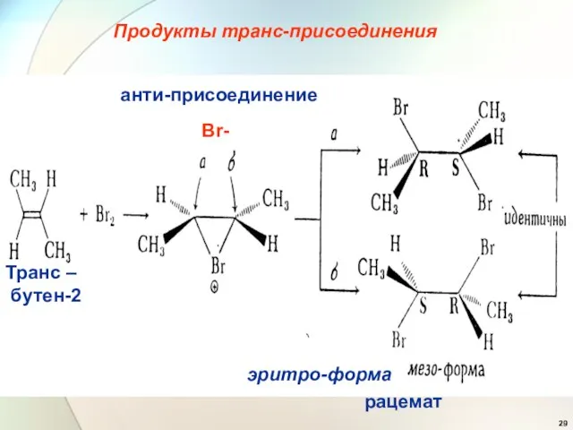 Продукты транс-присоединения Транс – бутен-2 анти-присоединение Br- эритро-форма рацемат