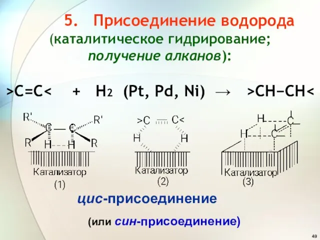 5. Присоединение водорода (каталитическое гидрирование; получение алканов): >C=C CHCH цис-присоединение (или син-присоединение)