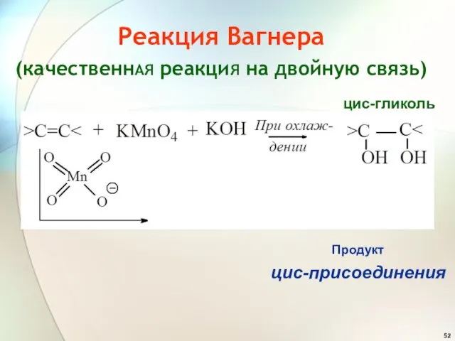 Реакция Вагнера (качественнАЯ реакциЯ на двойную связь) Продукт цис-присоединения цис-гликоль