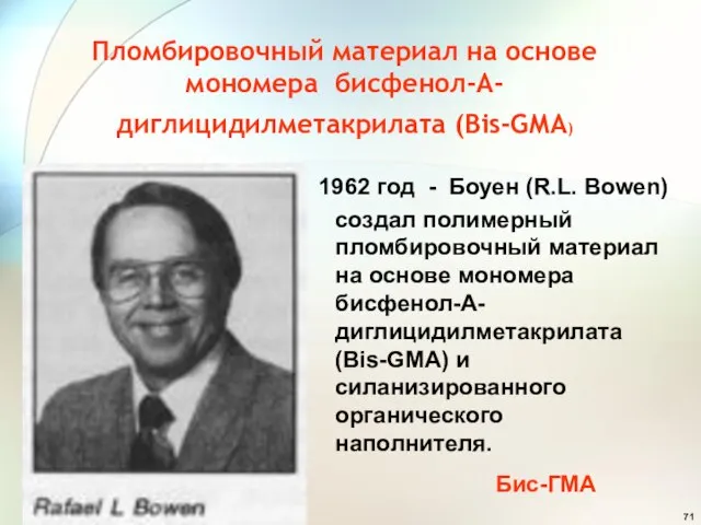 Пломбировочный материал на основе мономера бисфенол-А-диглицидилметакрилата (Bis-GМA) 1962 год - Боуен