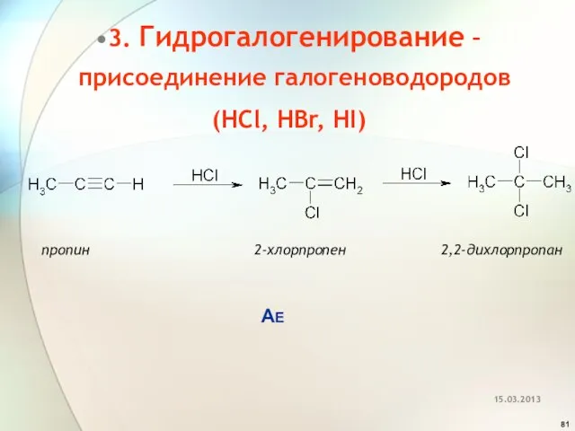 3. Гидрогалогенирование – присоединение галогеноводородов (HCl, HBr, HI) пропин 2-хлорпропен 2,2-дихлорпропан AE