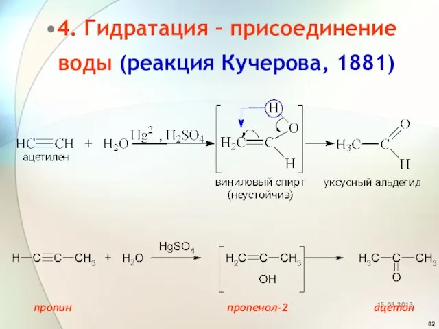 4. Гидратация – присоединение воды (реакция Кучерова, 1881) пропин пропенол-2 ацетон