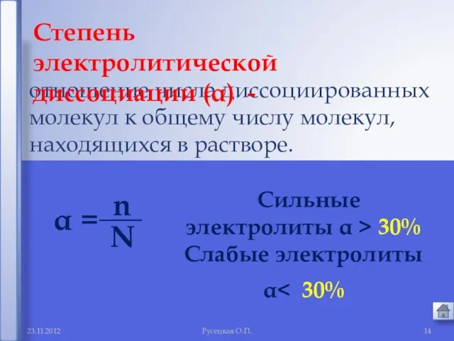 Русецкая О.П. отношение числа диссоциированных молекул к общему числу молекул, находящихся