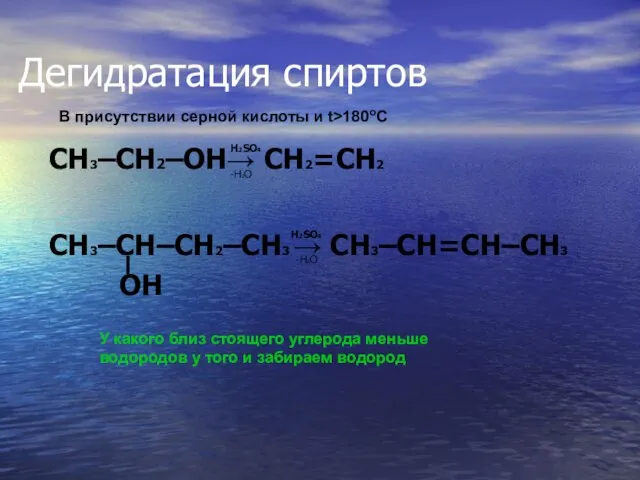 Дегидратация спиртов H2SO4 CH3–CH–CH2–CH3 → CH3–CH=CH–CH3 H2SO4 OH – -H2O У