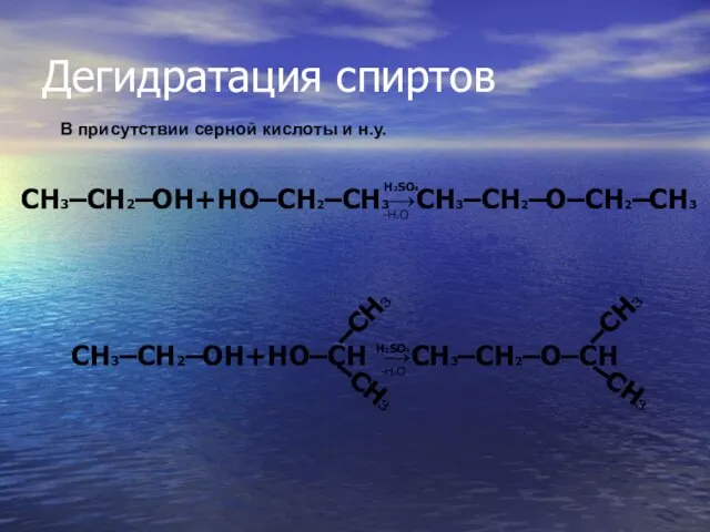 Дегидратация спиртов H2SO4 -H2O В присутствии серной кислоты и н.у. CH3–CH2–OH+HO–CH