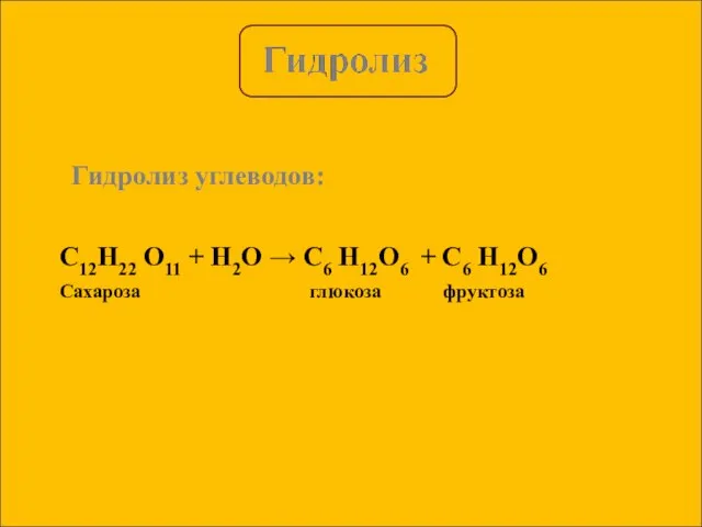 Гидролиз углеводов: C12H22 O11 + H2O → C6 H12O6 + C6 H12O6 Сахароза глюкоза фруктоза