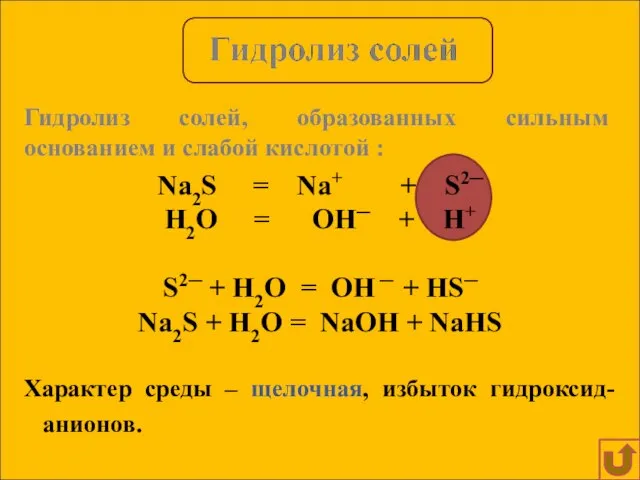 Na2S = Na+ + S2─ H2O = OH─ + H+ S2─