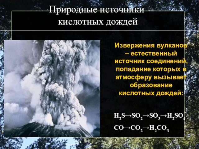 Природные источники кислотных дождей Извержения вулканов – естественный источник соединений, попадание