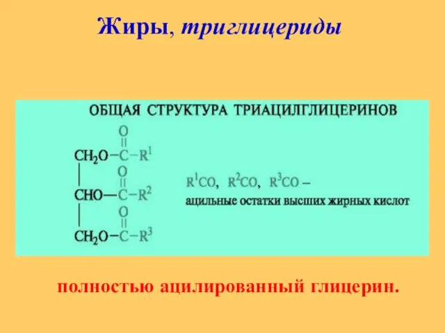 Жиры, триглицериды полностью ацилированный глицерин.