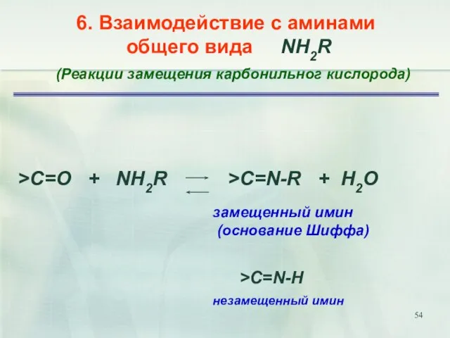 6. Взаимодействие с аминами общего вида NH2R >C=O + NH2R >C=N-R