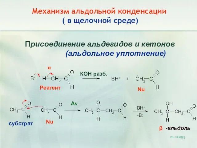 Механизм альдольной конденсации ( в щелочной среде) Присоединение альдегидов и кетонов