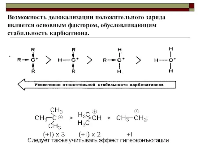 Возможность делокализации положительного заряда является основным фактором, обусловливающим стабильность карбкатиона.