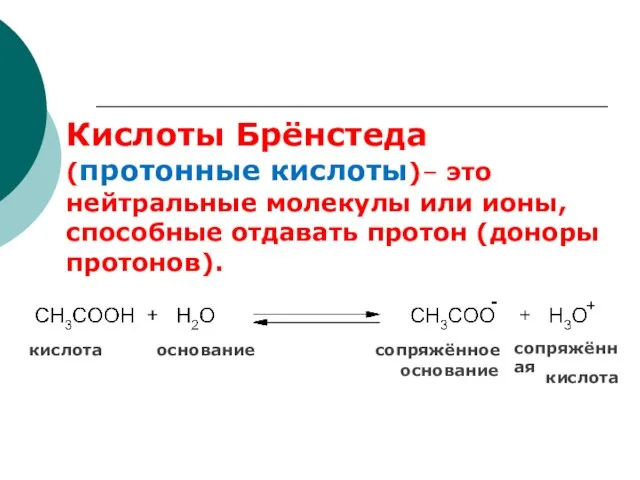 Кислоты Брёнстеда (протонные кислоты)– это нейтральные молекулы или ионы, способные отдавать