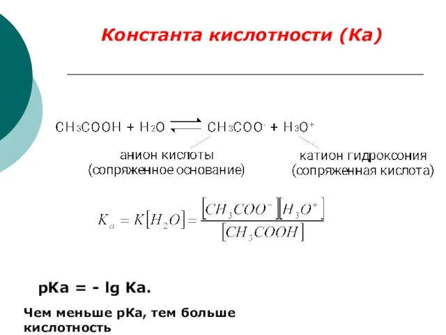 Константа кислотности (Ка) pKa = - lg Ka. Чем меньше рКа, тем больше кислотность