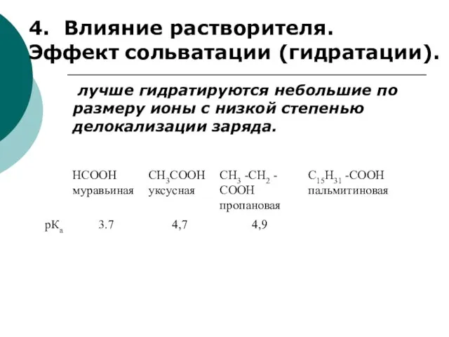 4. Влияние растворителя. Эффект сольватации (гидратации). лучше гидратируются небольшие по размеру