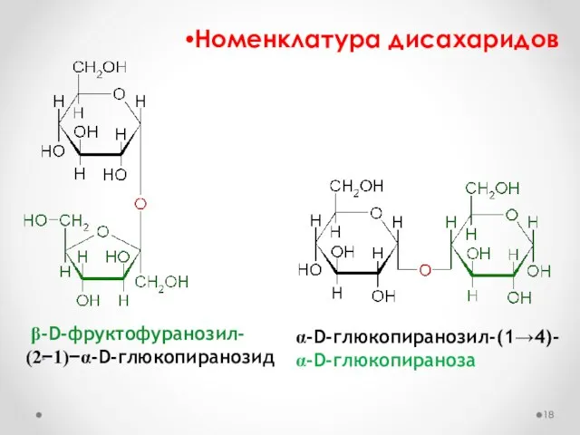 Номенклатура дисахаридов b-D-фруктофуранозил- (2-1)-a-D-глюкопиранозид a-D-глюкопиранозил-(1→4)- a-D-глюкопираноза