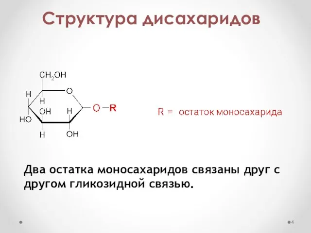 Структура дисахаридов Два остатка моносахаридов связаны друг с другом гликозидной связью.