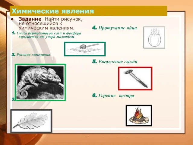 Химические явления Задание. Найти рисунок, не относящийся к химическим явлениям. 1.