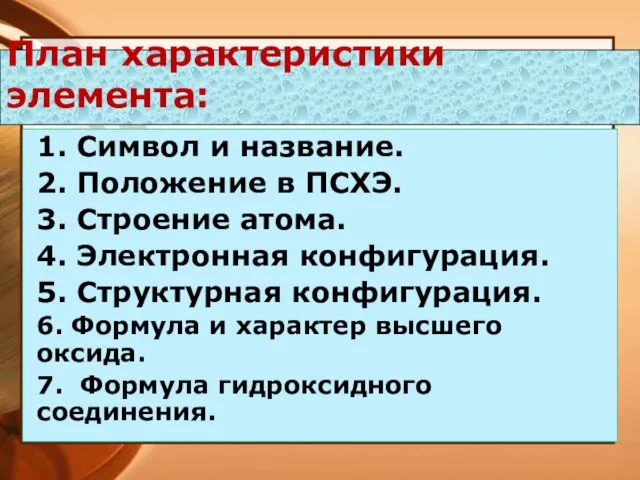 План характеристики элемента: 1. Символ и название. 2. Положение в ПСХЭ.