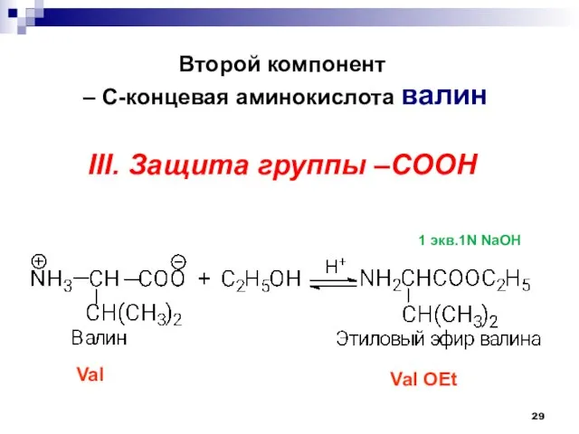 Второй компонент – С-концевая аминокислота валин III. Защита группы –СООН Val Val OEt 1 экв.1N NaOH