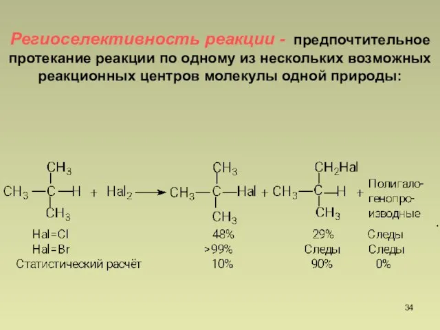 Региоселективность реакции - предпочтительное протекание реакции по одному из нескольких возможных реакционных центров молекулы одной природы: