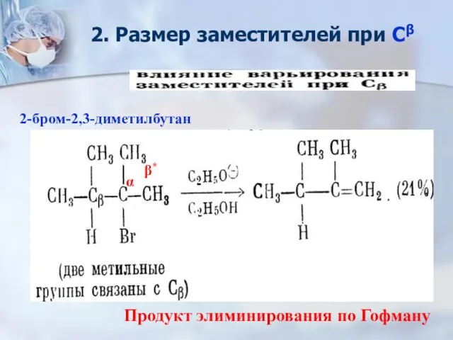 2. Размер заместителей при Сβ α β* β* α β* 2-бром-2,3-диметилбутан Продукт элиминирования по Гофману