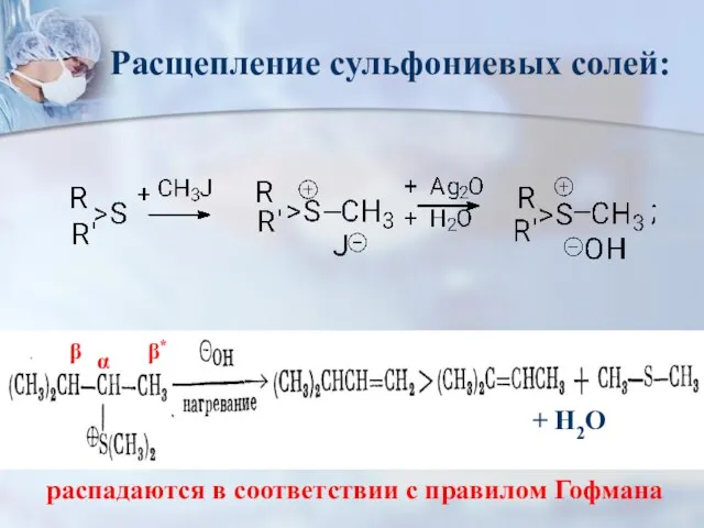 α β* β + Н2О Расщепление сульфониевых солей: распадаются в соответствии с правилом Гофмана