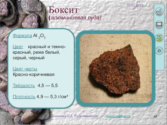 maksoe@mail.ru Соколова О.Е. Руды металлов Боксит (алюминиевая руда) Формула Al 2O3
