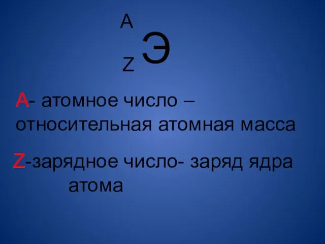 Э Z А А- атомное число – относительная атомная масса Z-зарядное число- заряд ядра атома