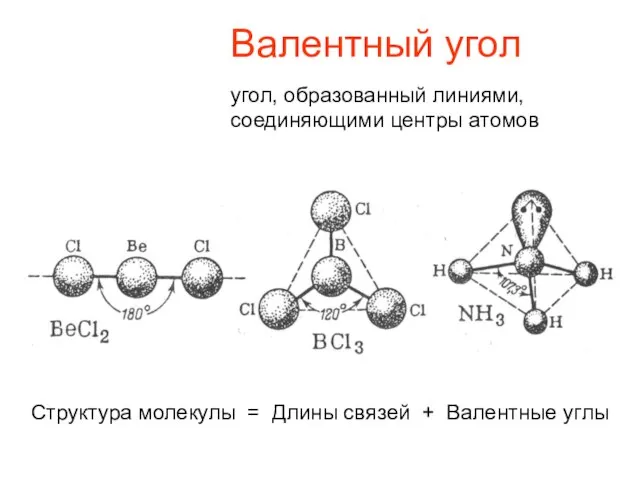 Валентный угол угол, образованный линиями, соединяющими центры атомов Структура молекулы = Длины связей + Валентные углы