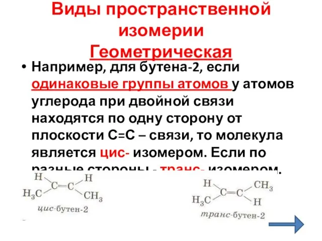 Виды пространственной изомерии Геометрическая Например, для бутена-2, если одинаковые группы атомов