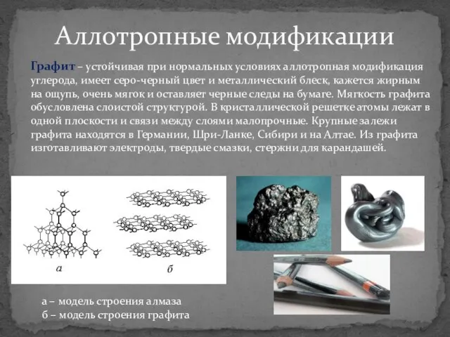 Аллотропные модификации Графит – устойчивая при нормальных условиях аллотропная модификация углерода,