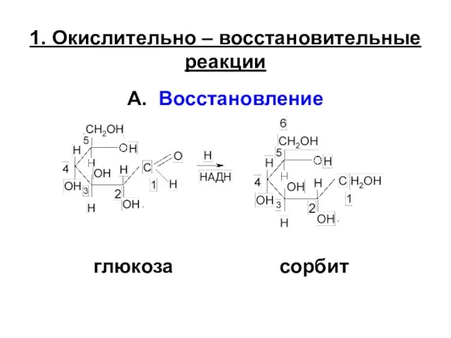 1. Окислительно – восстановительные реакции А. Восстановление глюкоза сорбит