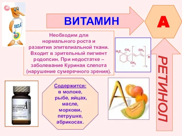 ВИТАМИН A РЕТИНОЛ Необходим для нормального роста и развития эпителиальной ткани.