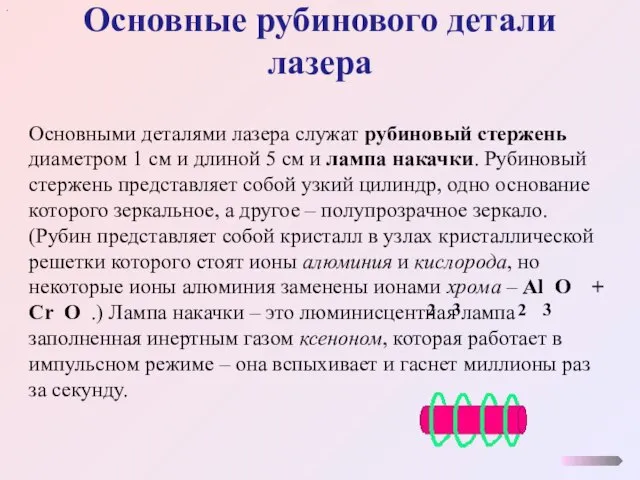 Основные рубинового детали лазера . Основными деталями лазера служат рубиновый стержень