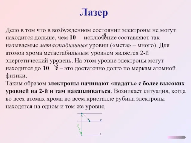 Лазер Дело в том что в возбужденном состоянии электроны не могут