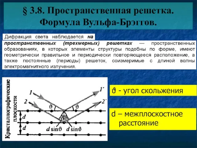 § 3.8. Пространственная решетка. Формула Вульфа-Брэггов. ϑ - угол скольжения d – межплоскостное расстояние