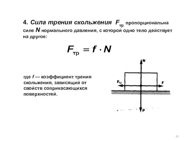 4. Cила трения скольжения Fтр пропорциональна силе N нормального давления, с