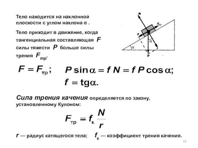 Тело находится на наклонной плоскости с углом наклона α . Тело