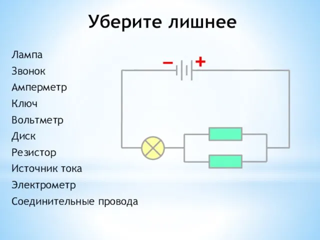 Уберите лишнее Лампа Звонок Амперметр Ключ Вольтметр Диск Резистор Источник тока Электрометр Соединительные провода