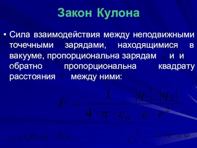 Закон Кулона Сила взаимодействия между неподвижными точечными зарядами, находящимися в вакууме,