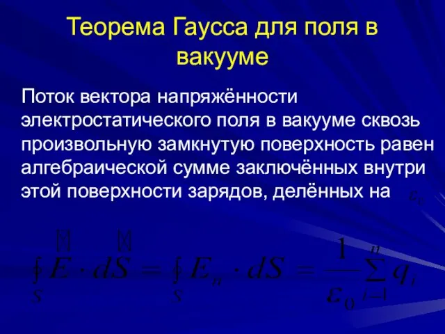 Теорема Гаусса для поля в вакууме Поток вектора напряжённости электростатического поля